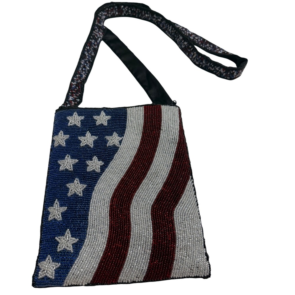 Another Y&S Original Beaded American Flag Crossbody Bag Patriotic Stars Stripes